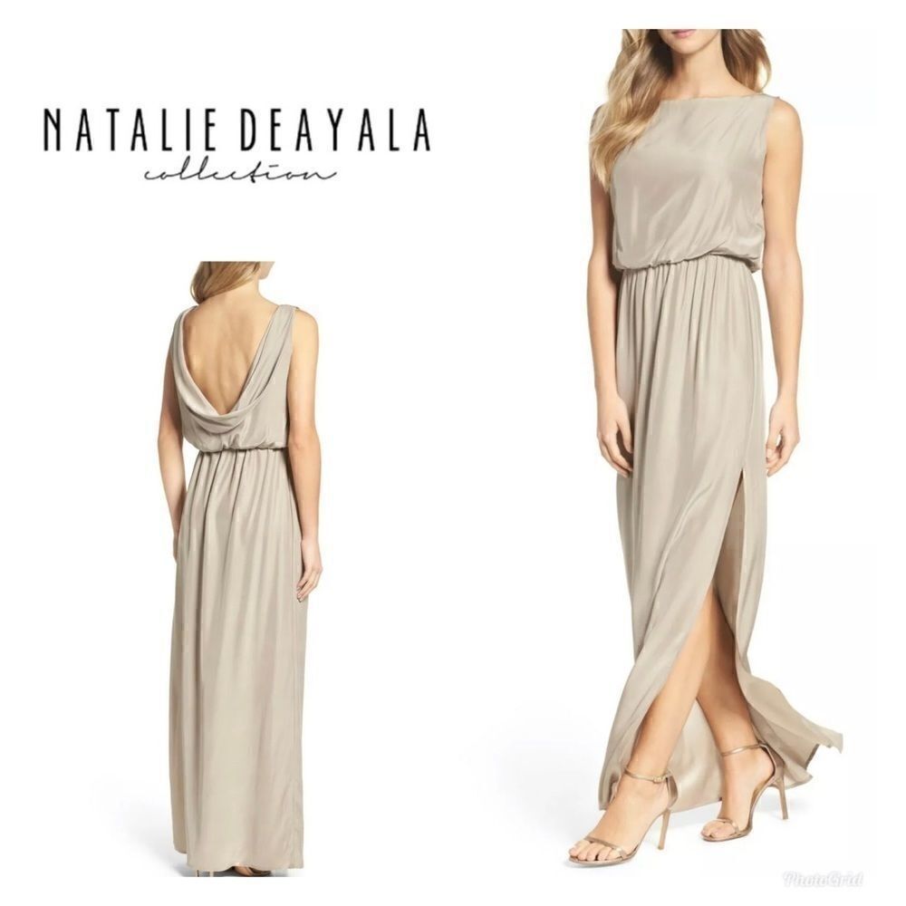 Natalie Deayala drape back silk column dress. NWT
